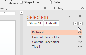 Screenshot of the Selection pane listing all objects on the slide in reverse order